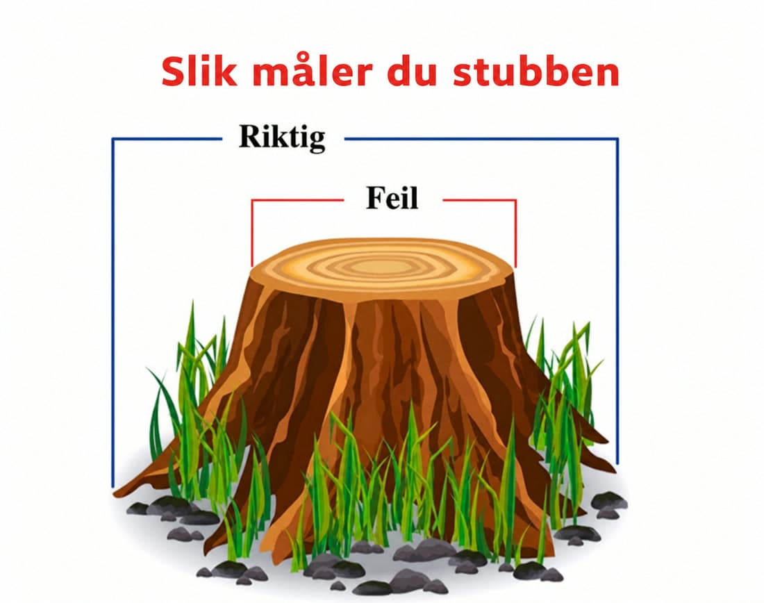 Riktig mål går over hele stubben inkludert synlige rotutløpere, ikke bare snittflaten